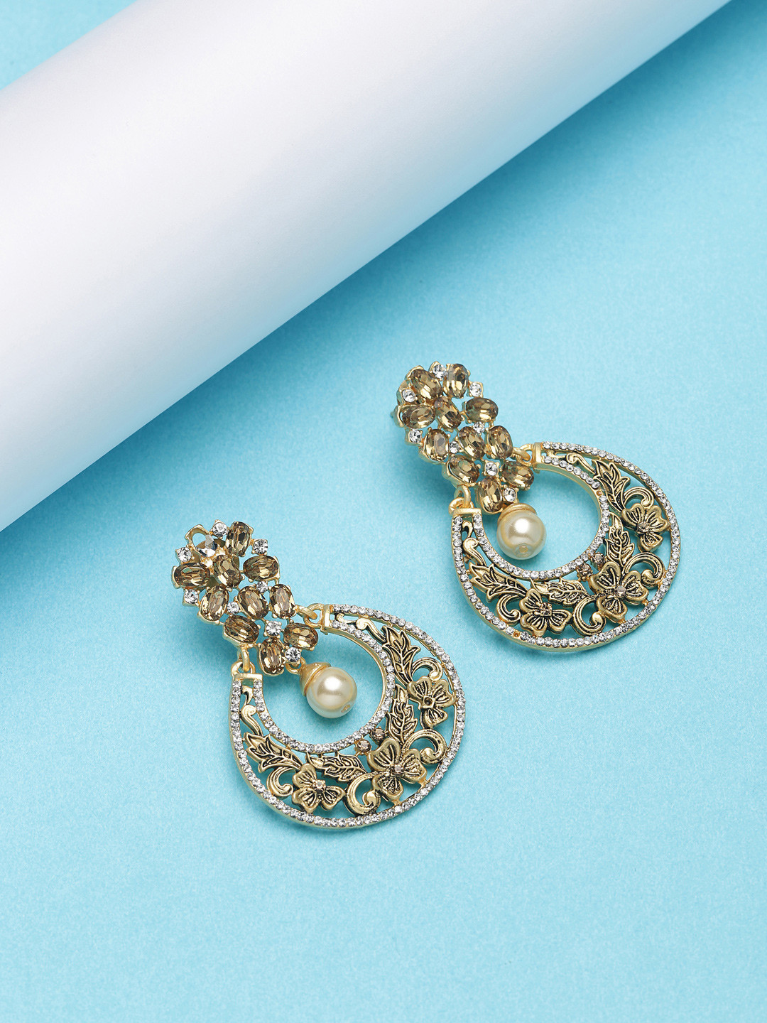 PANASH Handcrafted Gold-Toned Crescent Shaped Chandbalis Earrings