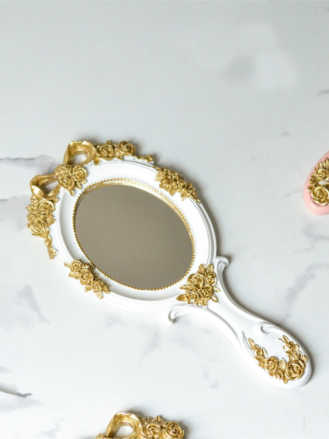 Nestasia White & Gold-Toned Handheld Mirror