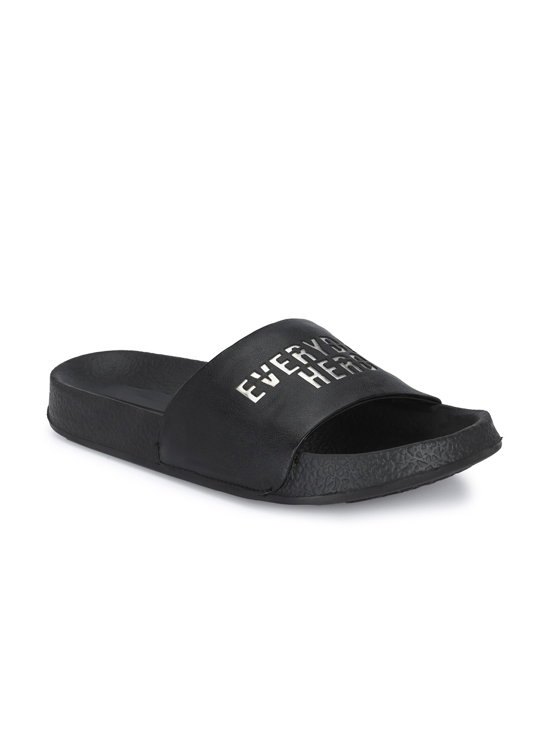 Delize Men Black & Silver-Toned Vegan Leather Printed Sliders