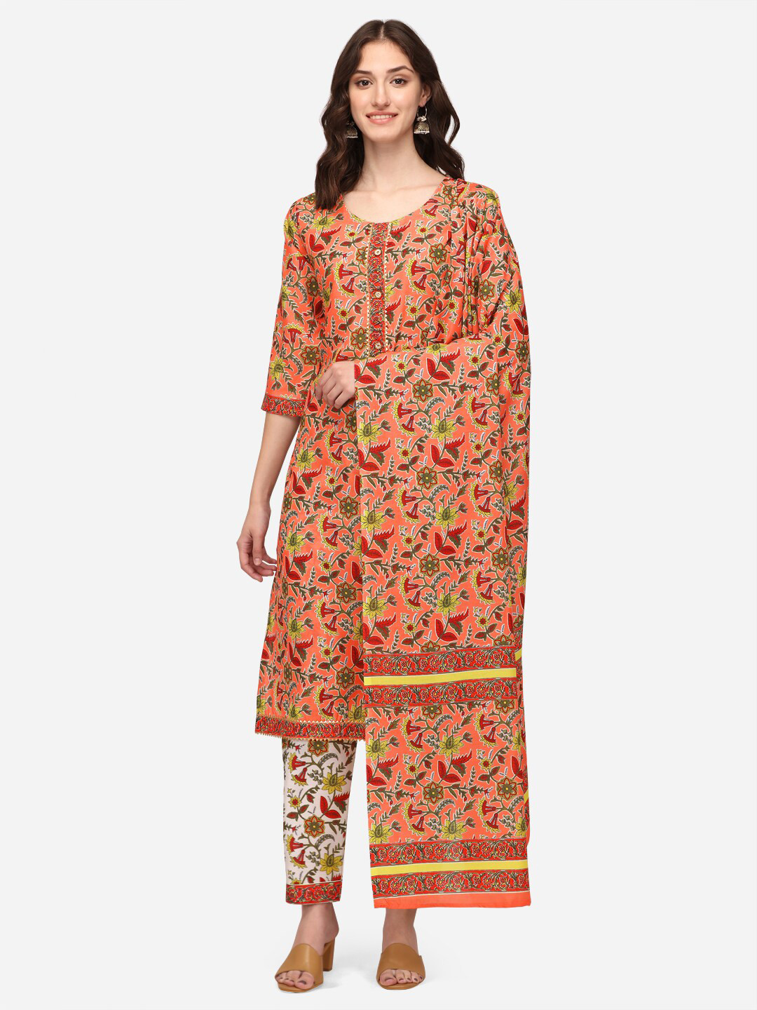 LEWAWAA Orange & Green Printed Unstitched Dress Material