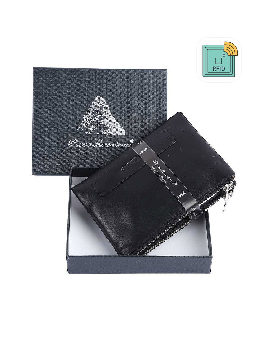 Picco Massimo Unisex Black Leather Two Fold Wallet