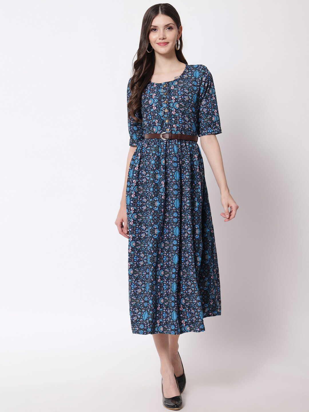 VAANI CREATION Blue Floral With Belt Midi Dress