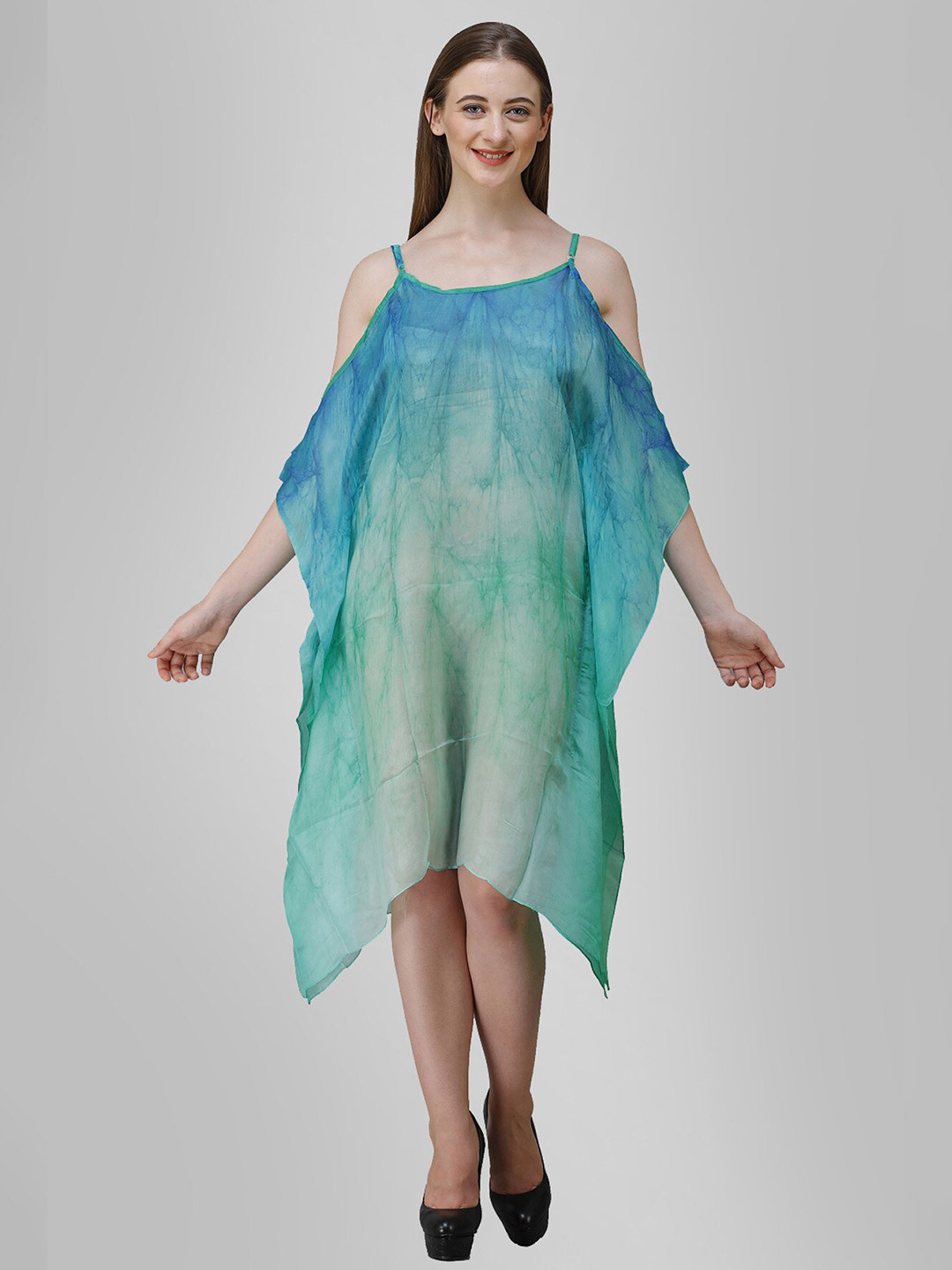 Rajoria Instyle Blue & Green Tie and Dye Dyed Georgette Kaftan Dress