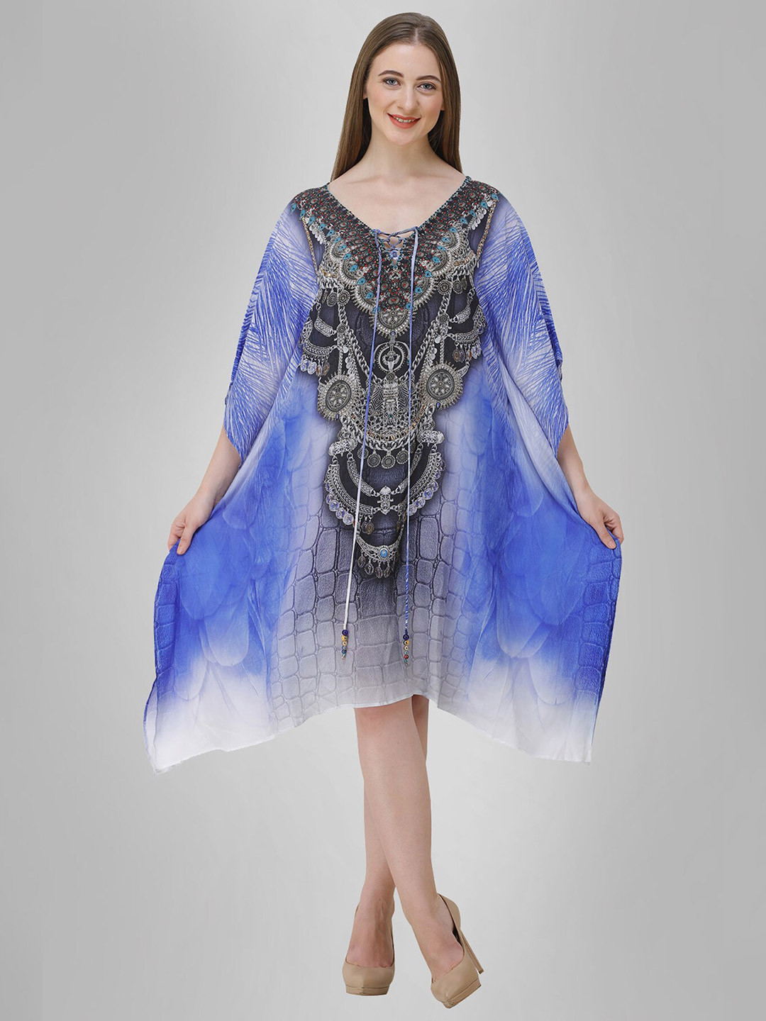 Rajoria Instyle Women Blue Digital Print Georgette Ethnic Kaftan Dress