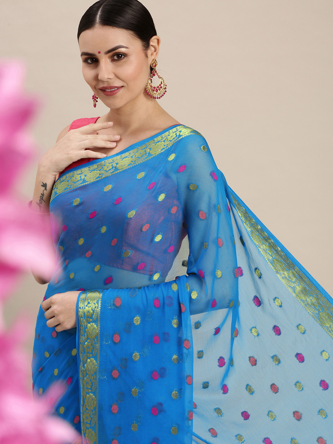 Rani Saahiba Blue Zari Woven Chiffon Saree