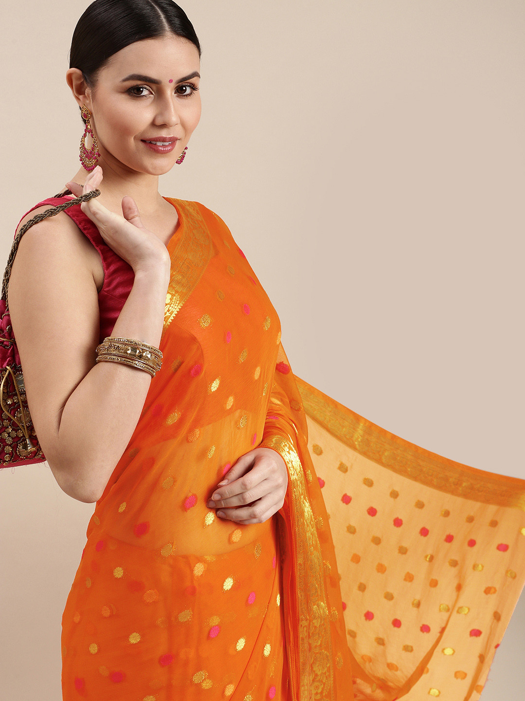 Rani Saahiba Orange Zari Woven Chiffon Saree