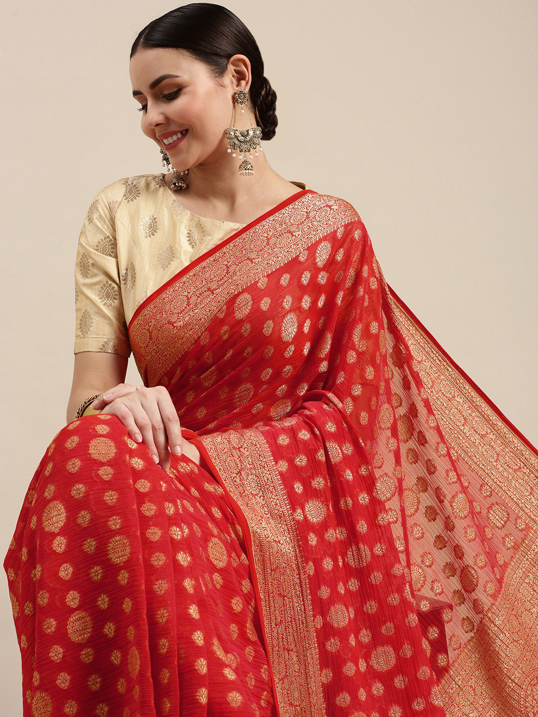 Rani Saahiba Red & Golden Zari Woven Chiffon Saree