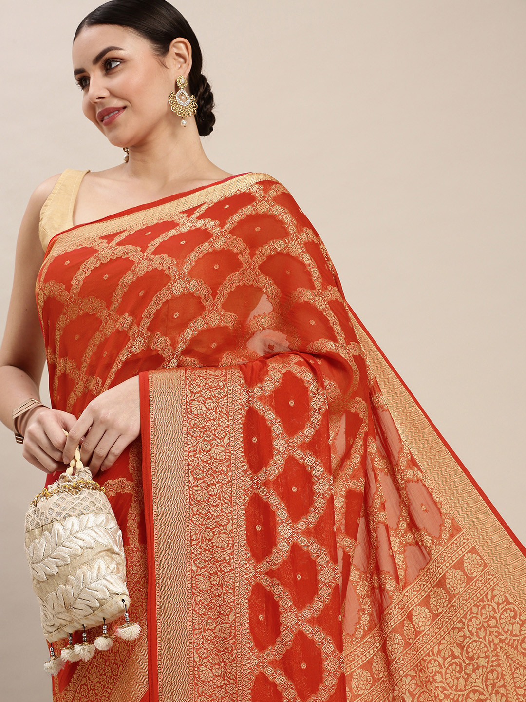 Rani Saahiba Red & Golden Woven Design Saree