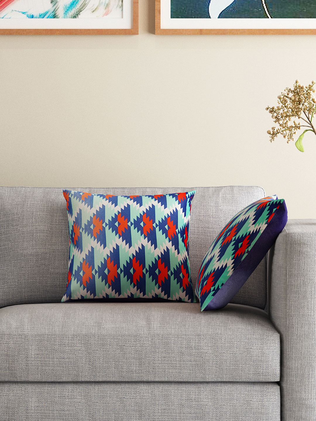HOUZZCODE Double Sided Ikat Geometric Polyester Durable 2 Pcs Cushion Covers - 16 x 16 In