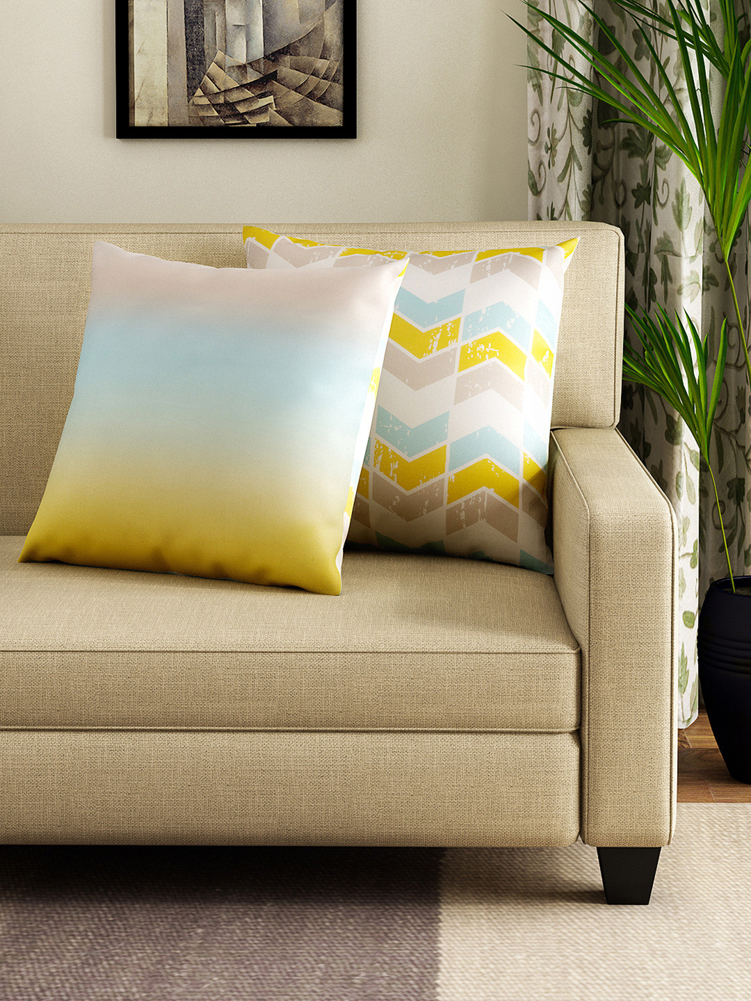 HOUZZCODE Off-White & Blue Set of 2 Printed Double-Sided 16'' x 16'' Square Cushion Covers