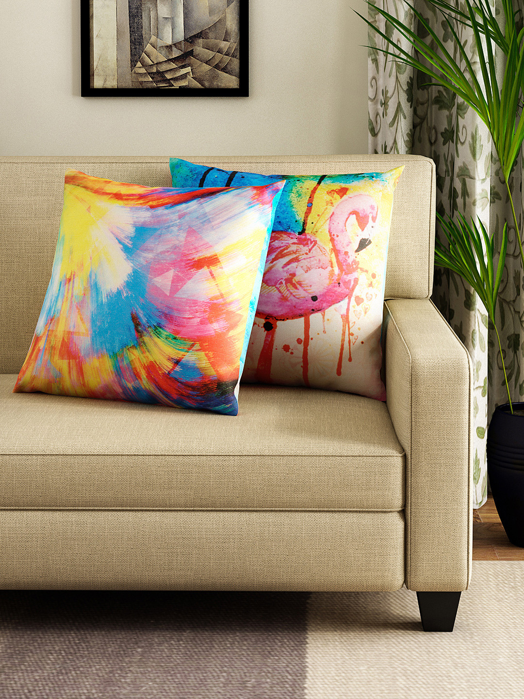 HOUZZCODE Flemingo Graphic Cotton Silk Washable 2 Pcs Square Cushion Covers -16x16In