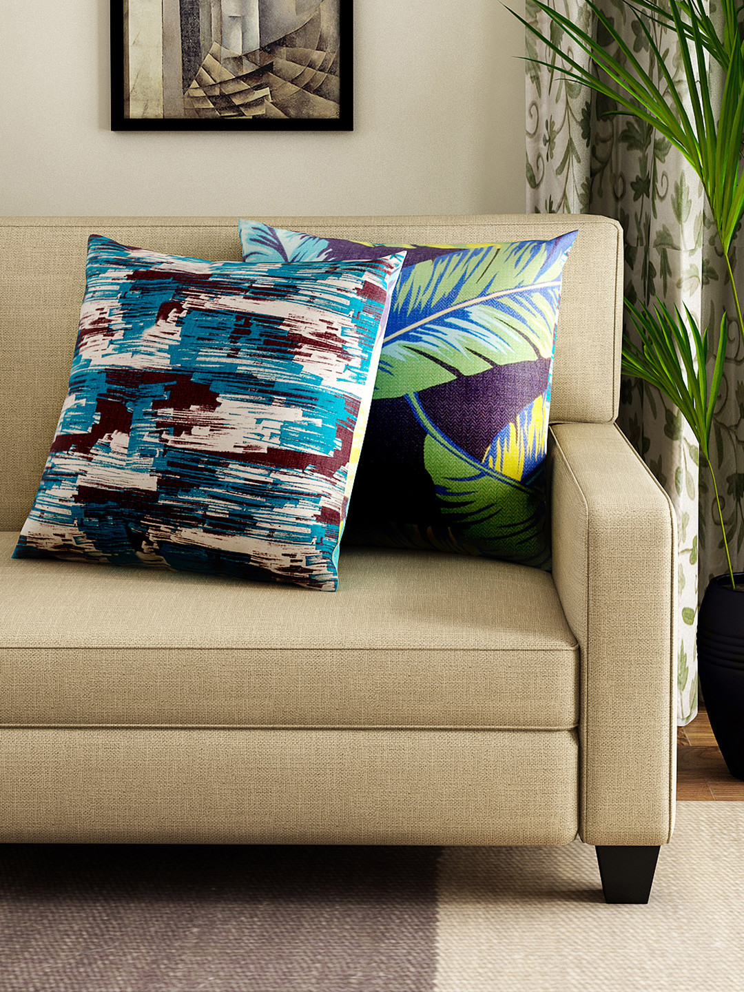 HOUZZCODE Double Sided Leaf Cotton Silk Washable 2 Pcs Square Cushion Covers - 16 x 16 In