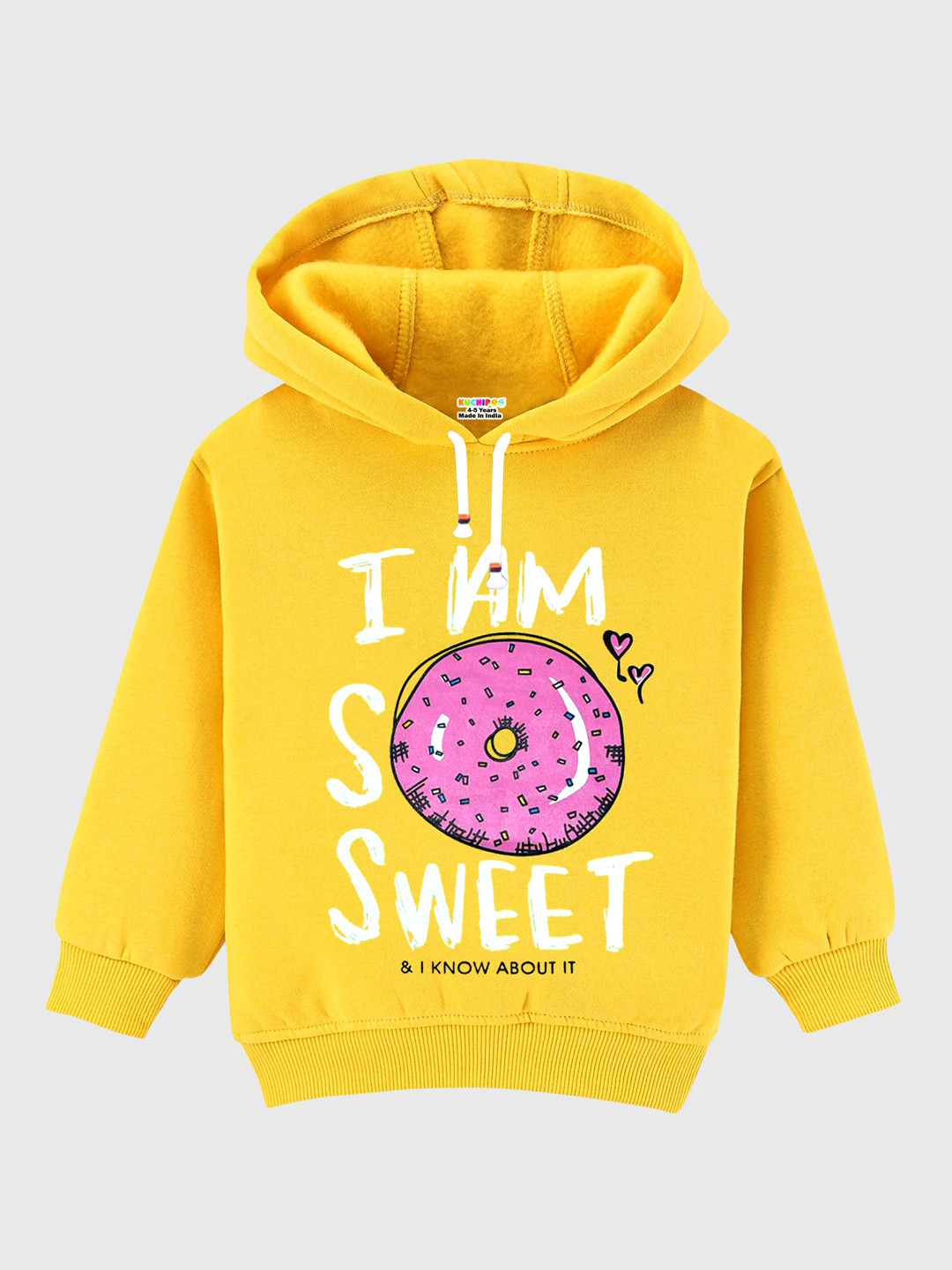 KUCHIPOO Girls Yellow Printed Hooded Sweatshirt