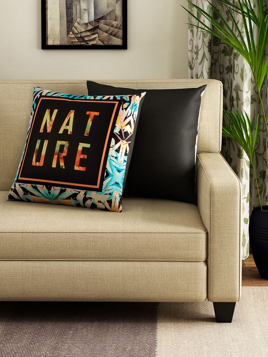 HOUZZCODE Nature Typography Polyester Washable 2 Pcs Square Cushion Covers - 16 x 16 In