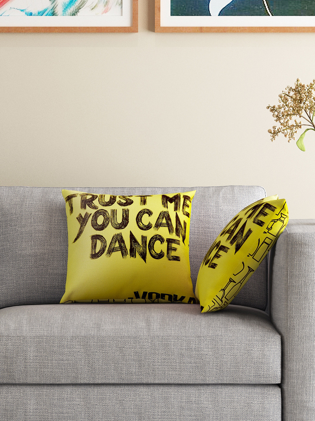 HOUZZCODE Yellow Typography Polyester Double-Sided 2 Pcs Cushion Covers - 16 x 16 Inches