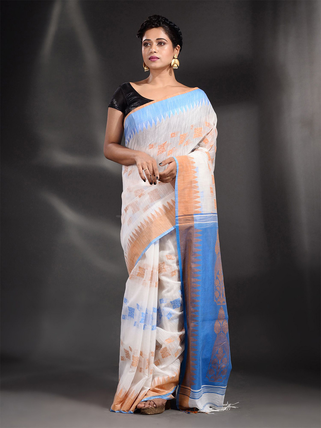 Arhi White & Brown Woven Design Pure Cotton Saree