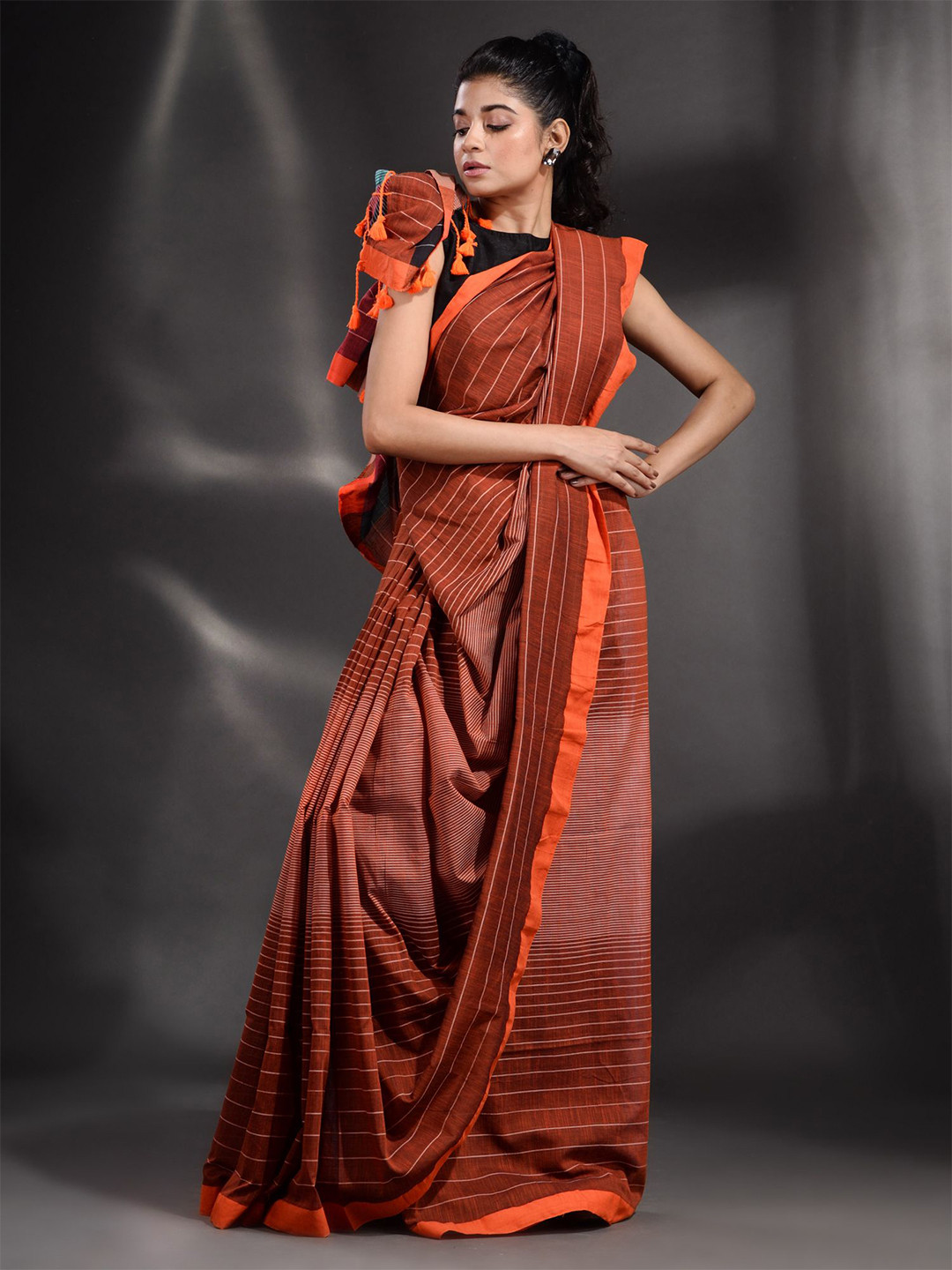 Arhi Women Brown & Pink Striped Pure Cotton Saree with blouse piece