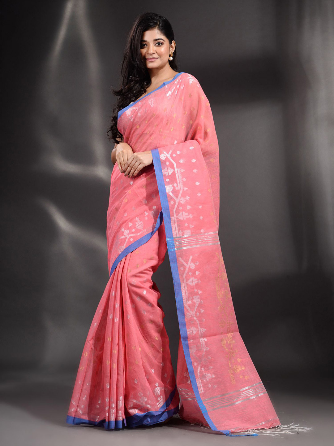 Arhi Pink & Blue Women Woven Design Pure Cotton Saree with blouse piece