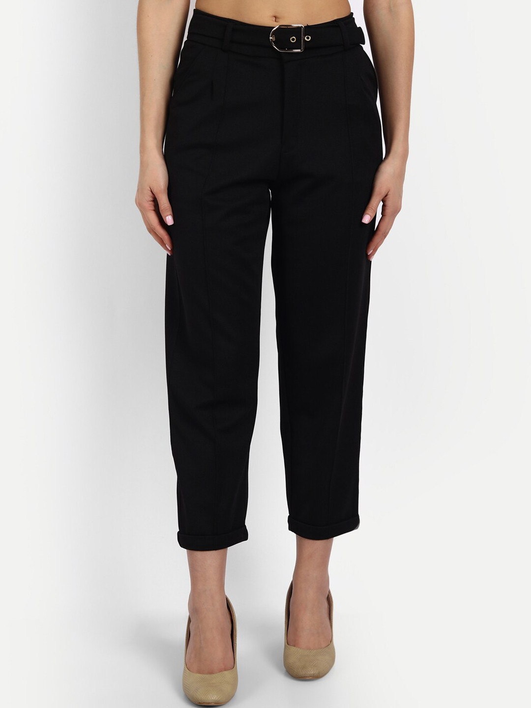 BROADSTAR Women Black Relaxed Straight Leg Loose Fit High-Rise Non Iron Trousers