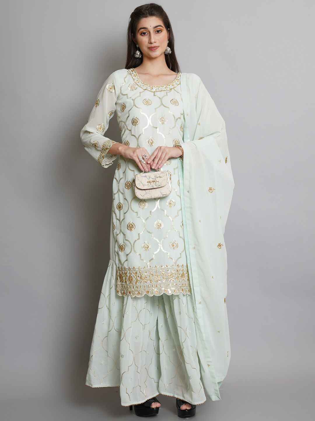 Stylee LIFESTYLE Turquoise Blue & Gold-Toned Embroidered Semi-Stitched Dress Material