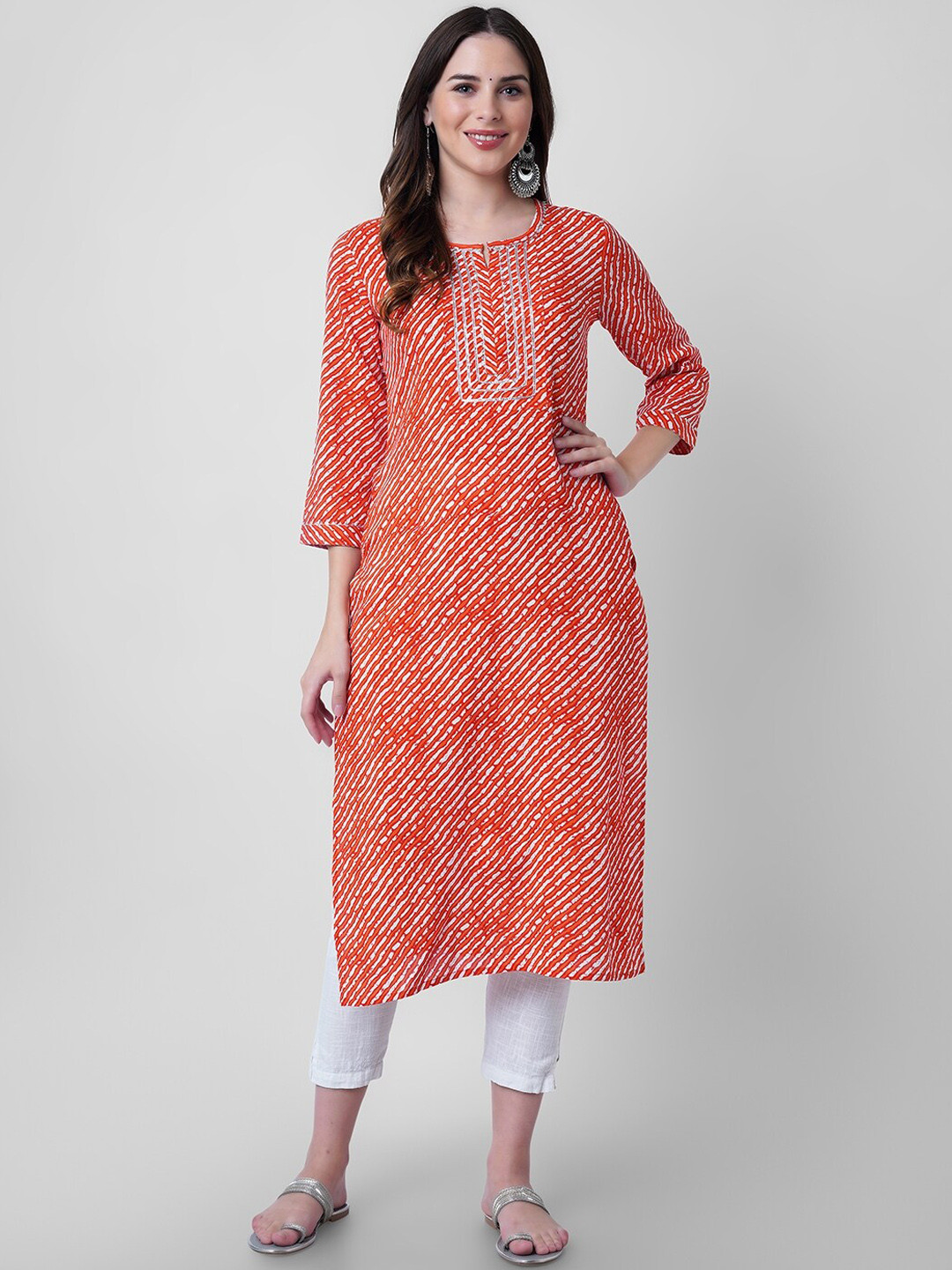 God Bless Women Orange Printed Thread Work Kurta