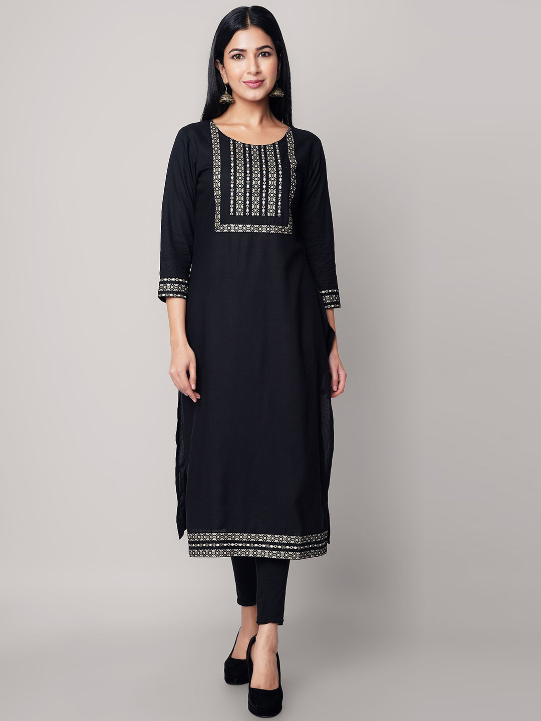 God Bless Women Black Geometric Thread Work Kurta