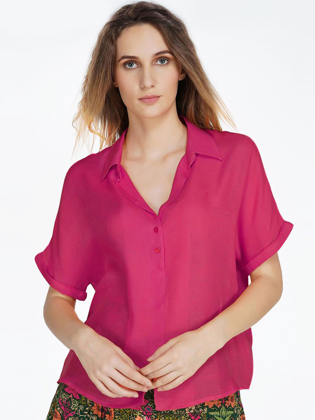 SHAYE Fuchsia Extended Sleeves Shirt Style Top