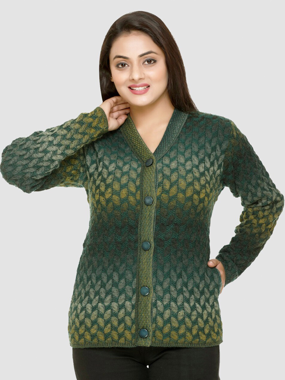 aarbee Women Green & Yellow Floral Cardigan