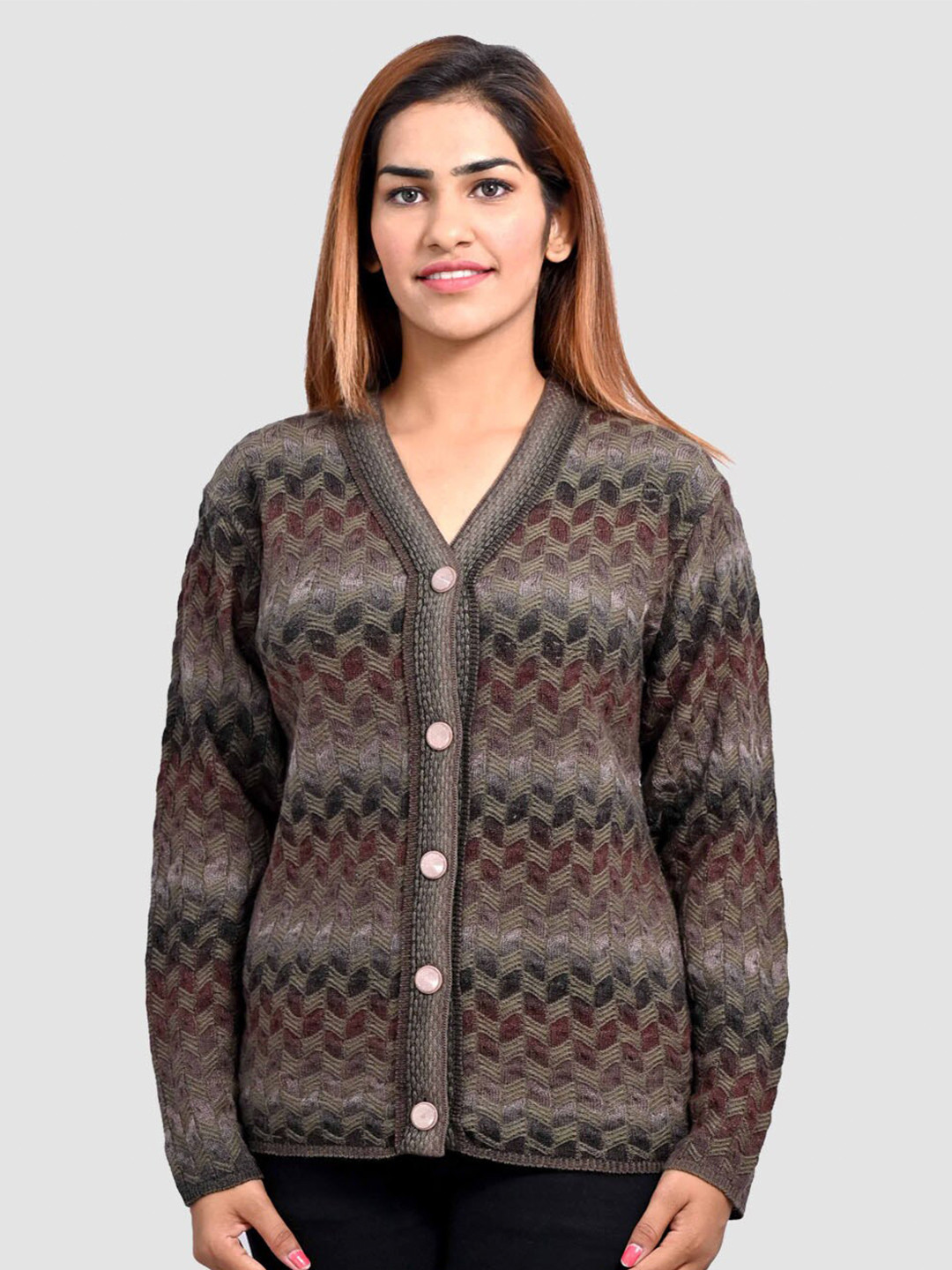 aarbee Women Camel Brown & White Front Open Cardigan