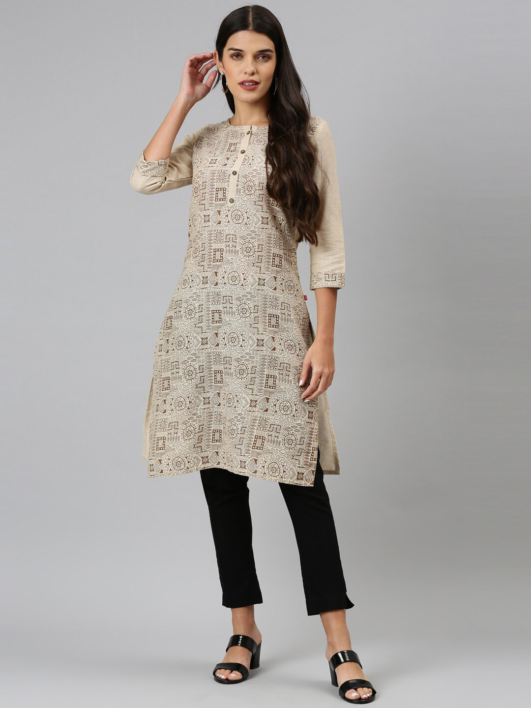 Marcia Women Beige Geometric Printed Kurta