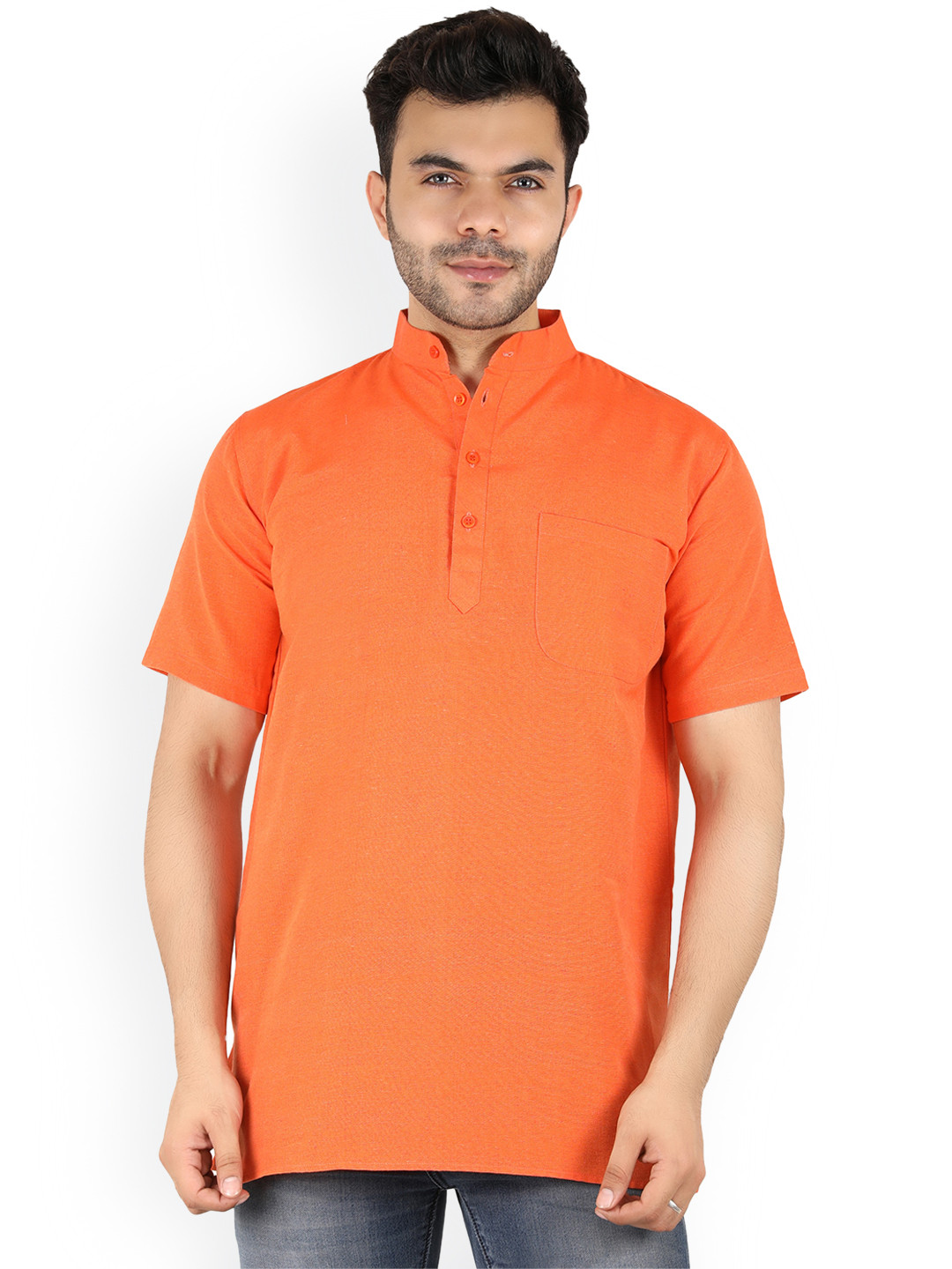 Latest Chikan Garments Men Orange Solid Short Kurta