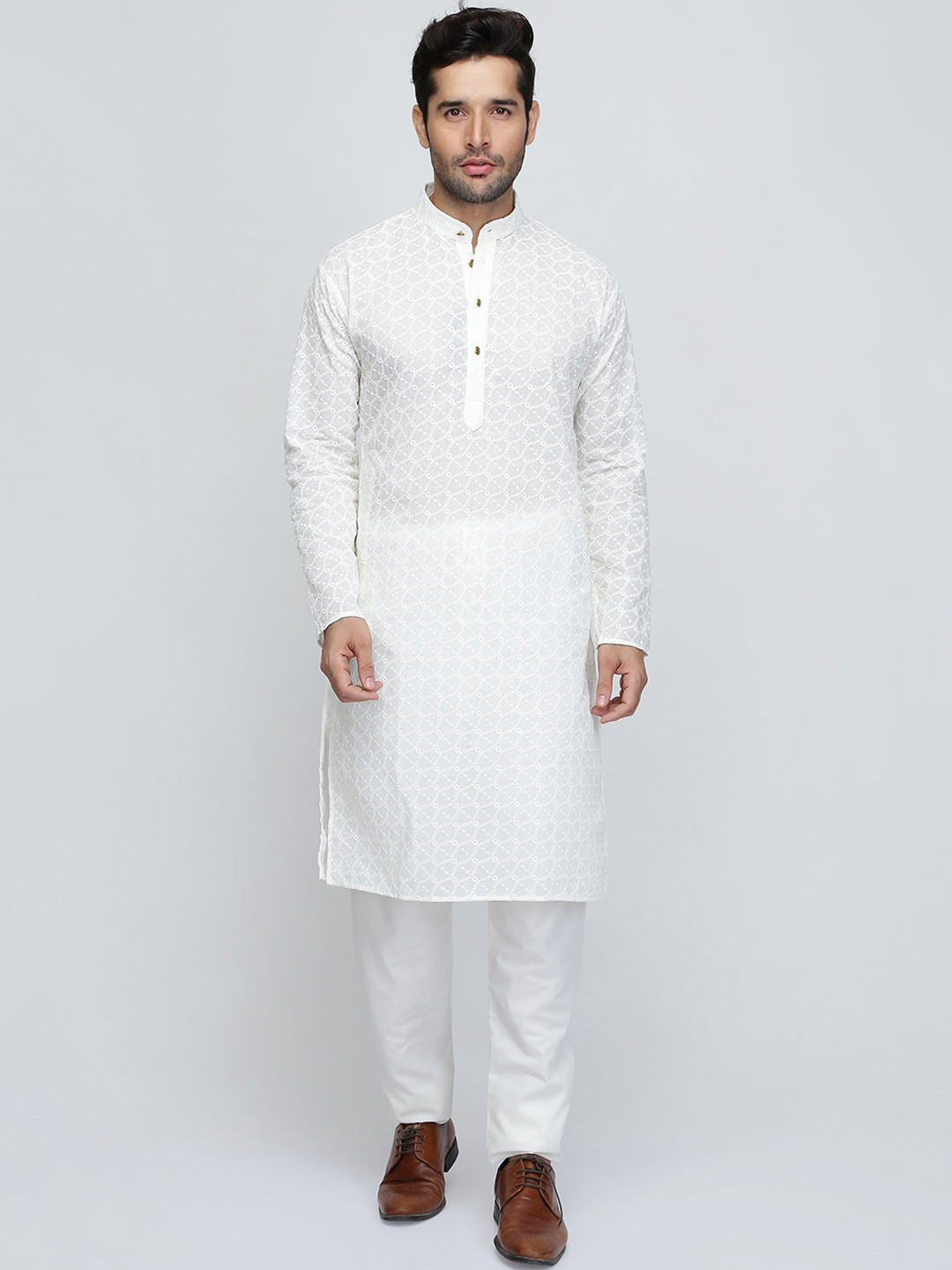 ROYAL KURTA Men's Cream-Coloured Layered Pure Cotton Kurta With Pyjama