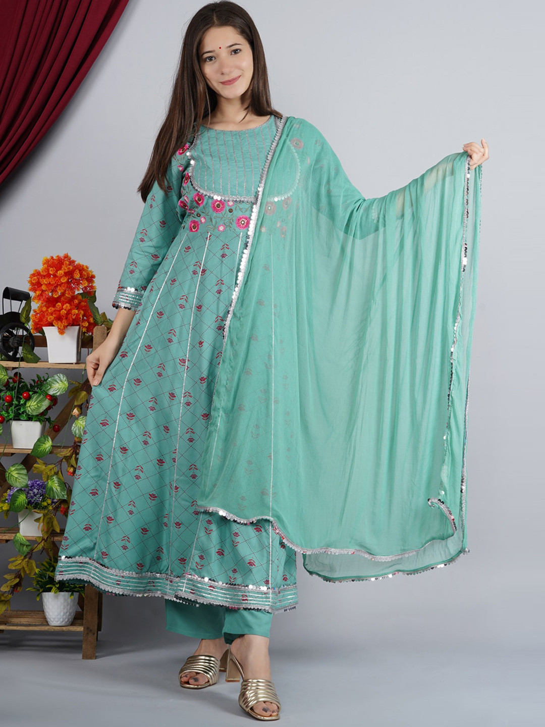 TOULIN Women Teal Floral Panelled Kurti with Palazzos & With Dupatta
