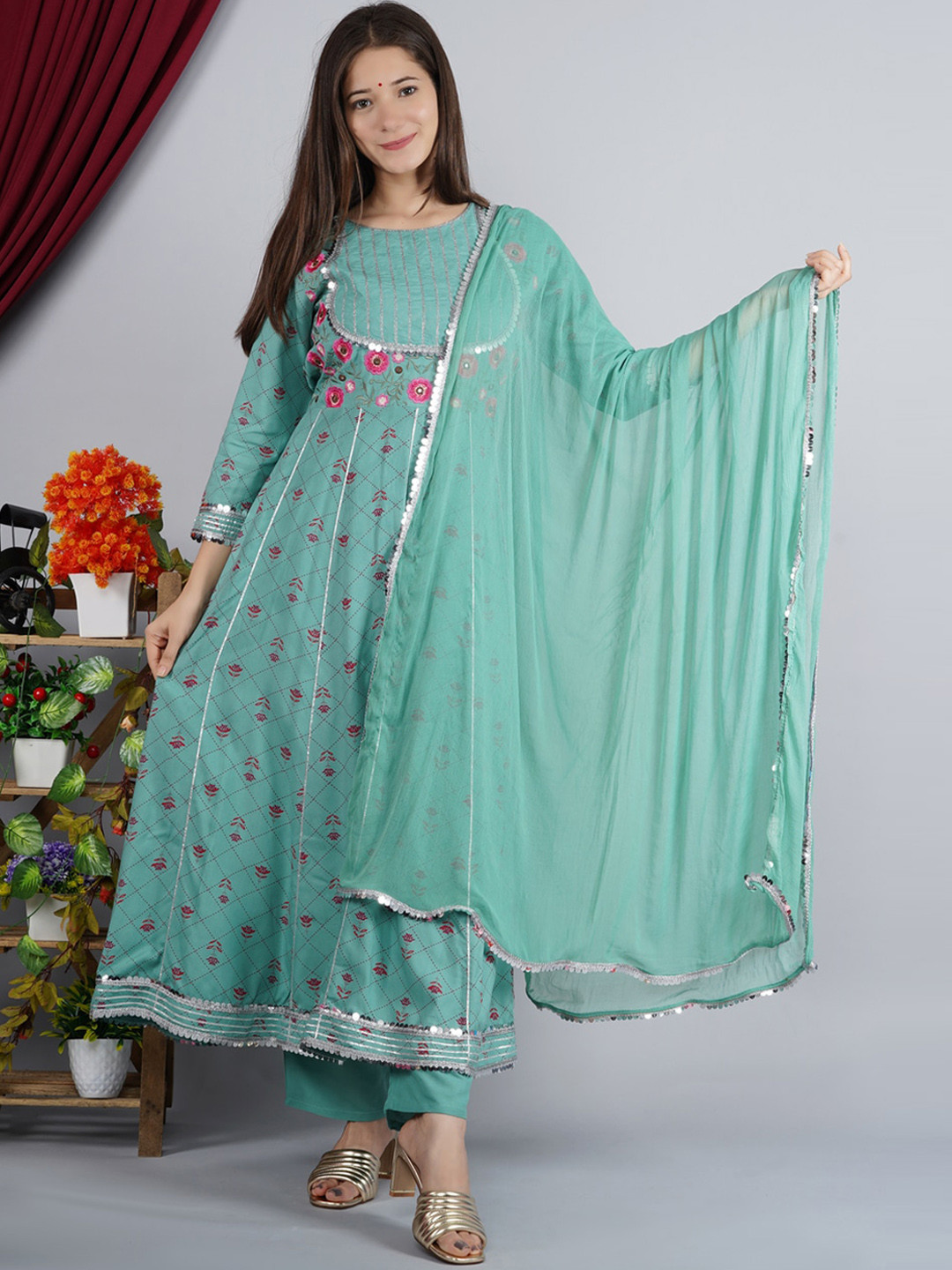 TOULIN Women Teal Floral Empire Kurta with Palazzos & With Dupatta