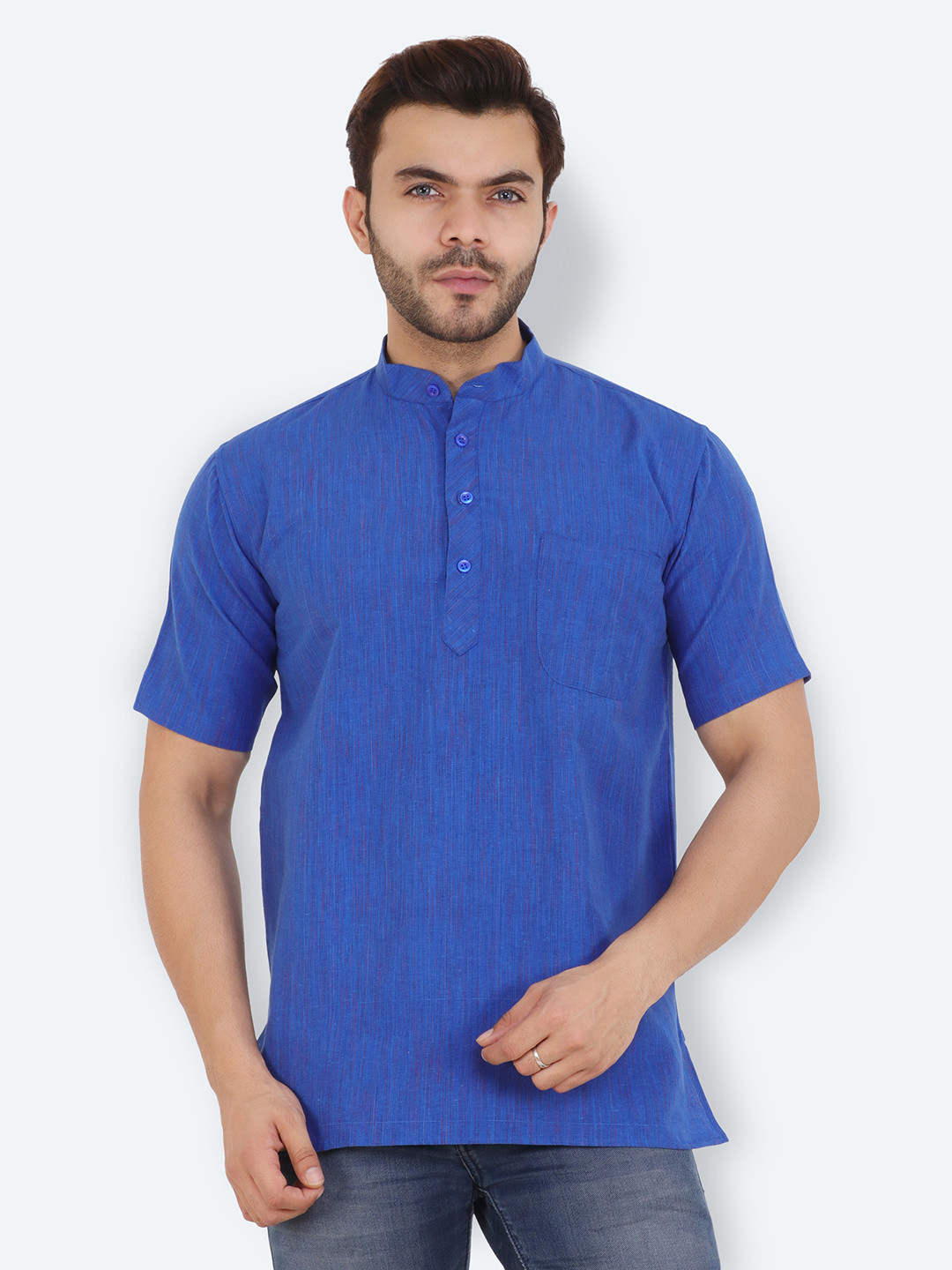 Latest Chikan Garments Men Blue Mandarin Collar Solid Kurta