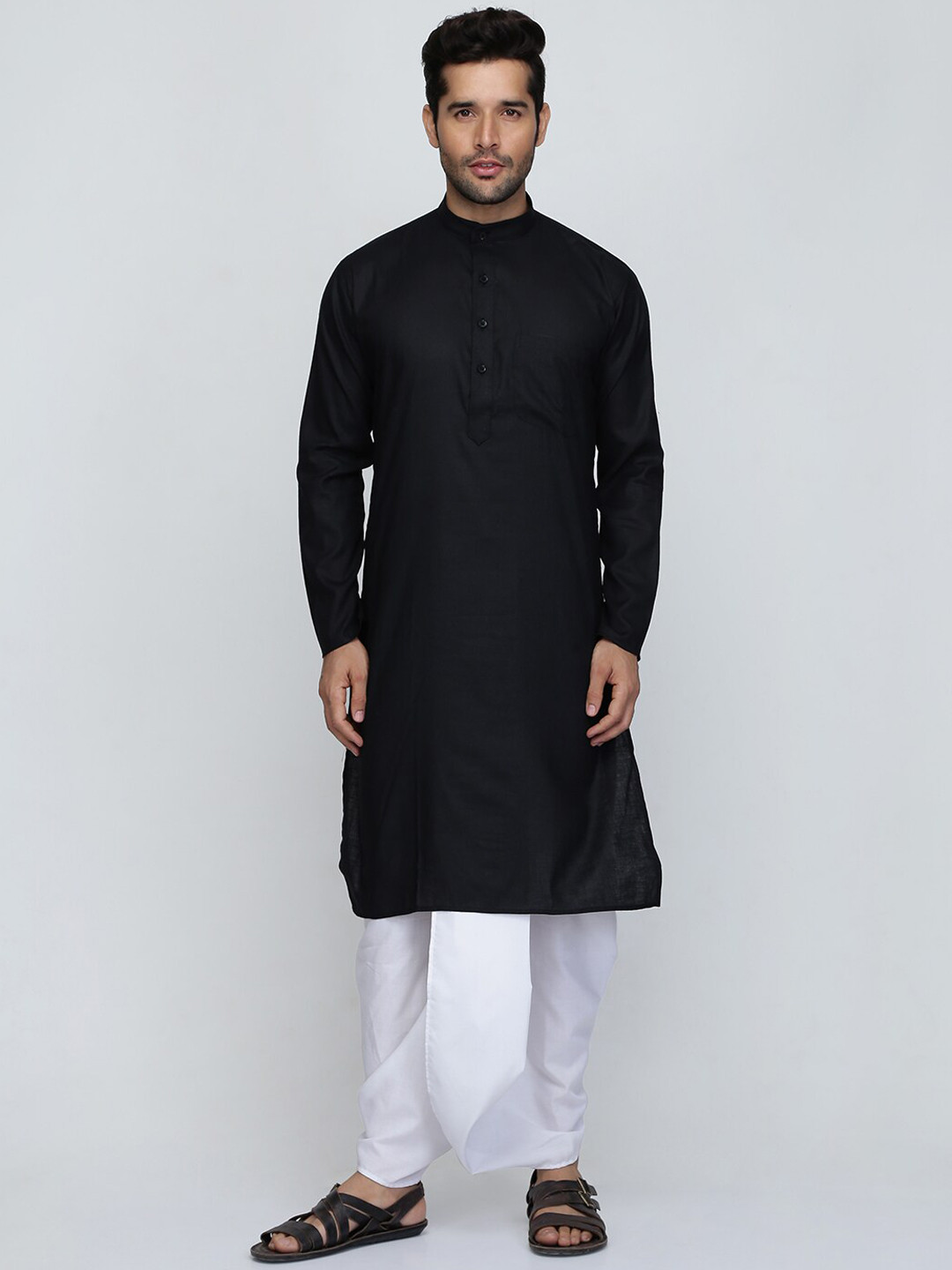 ROYAL KURTA Men Black Striped Layered Pure Cotton Kurta with Dhoti