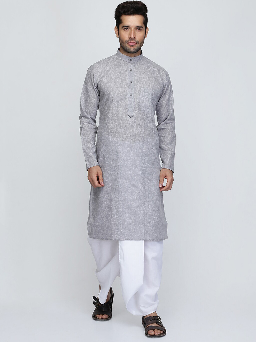 ROYAL KURTA Men Grey Angrakha Pure Cotton Kurta with Dhoti Pants
