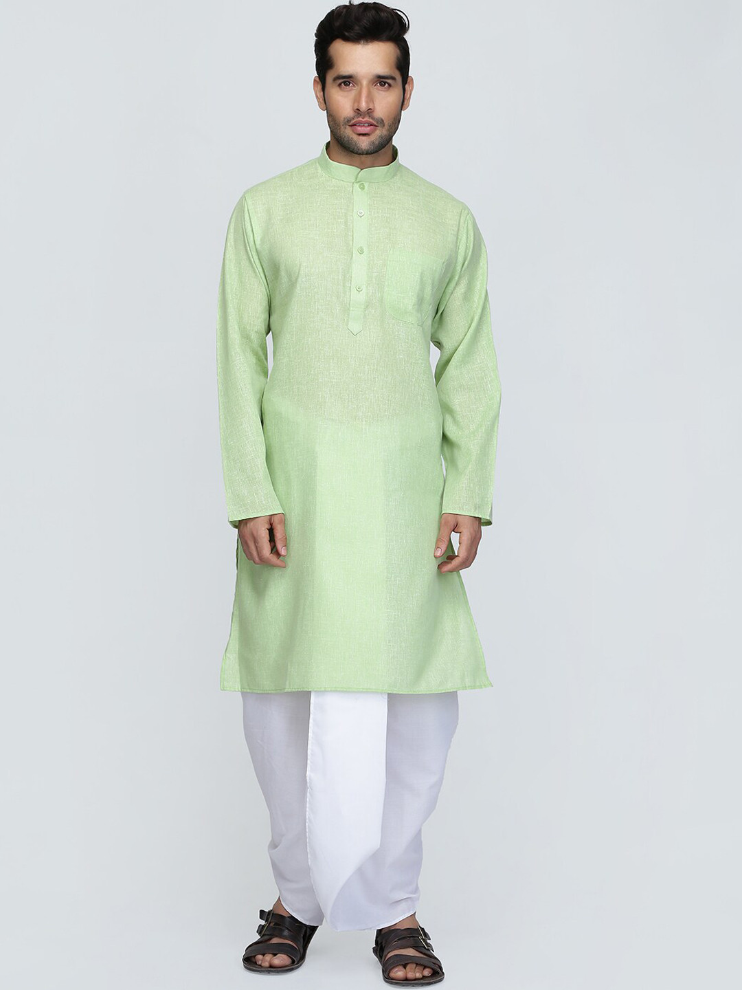 ROYAL KURTA Men's Green Striped Layered Pure Cotton Kurta And Dhoti Set