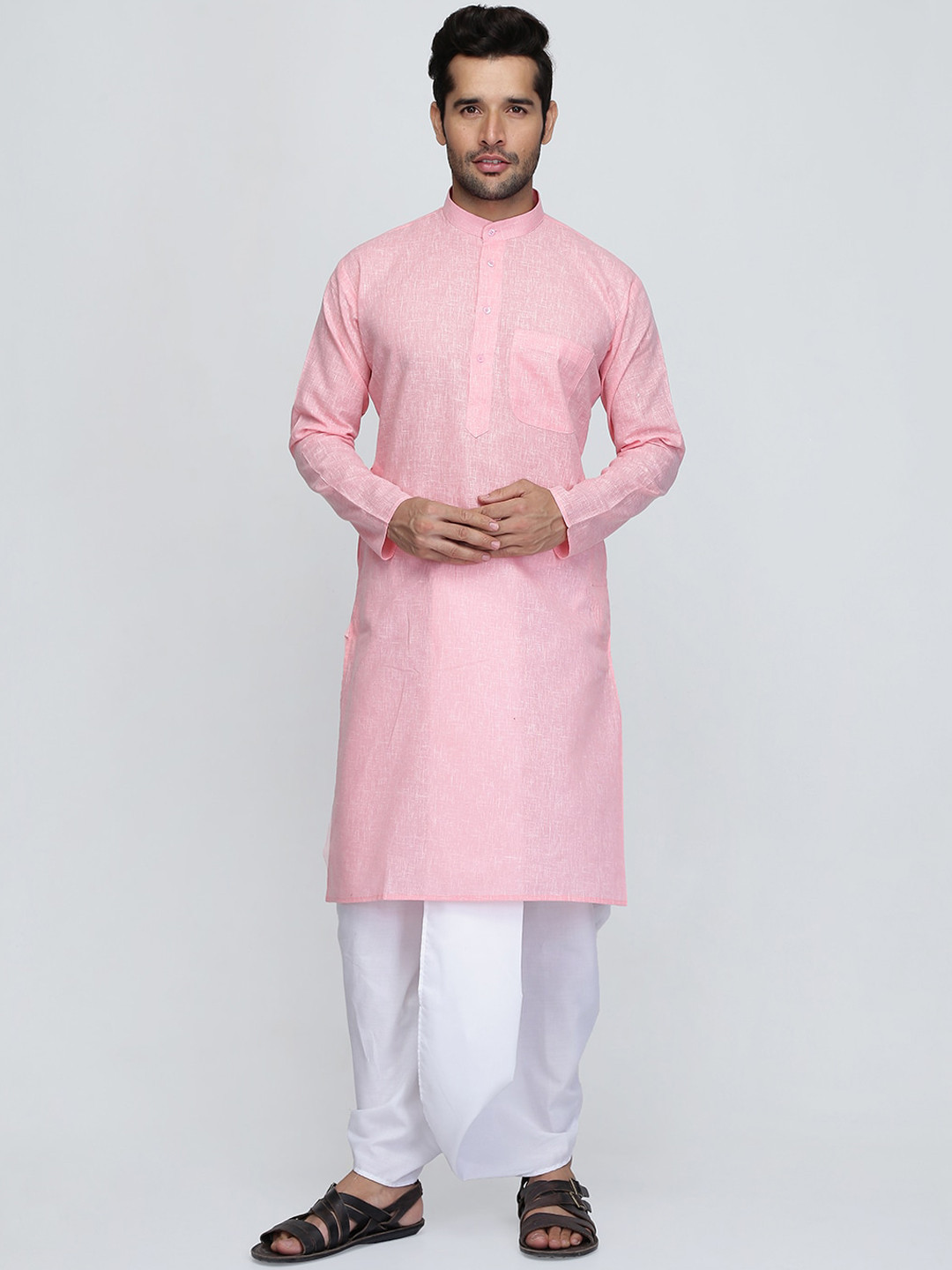 ROYAL KURTA Men's Pink Striped Layered Pure Cotton Kurta And Dhoti