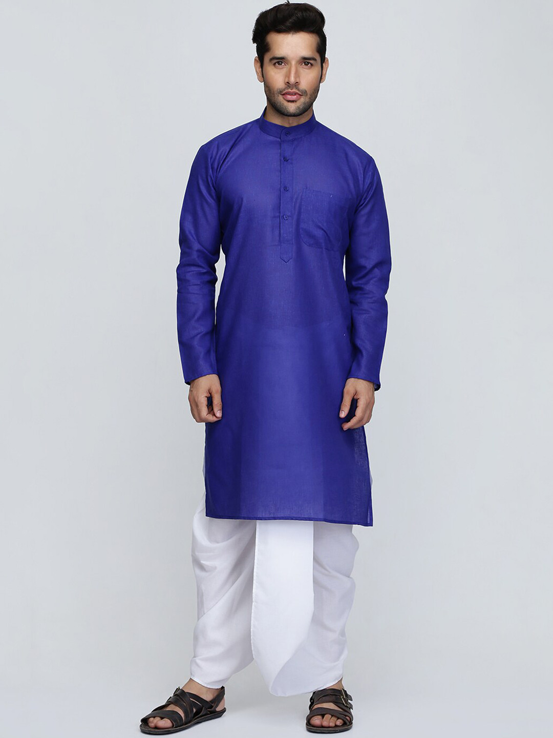 ROYAL KURTA Men's Blue Striped Layered Pure Cotton Kurti With Trousers