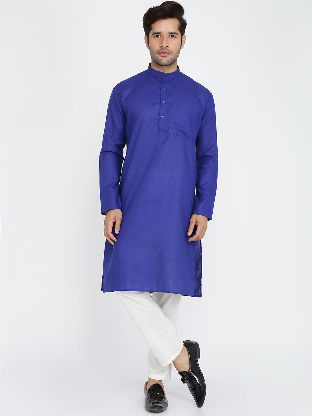 ROYAL KURTA Men Blue & White Empire Pure Cotton Kurta with Pyjamas