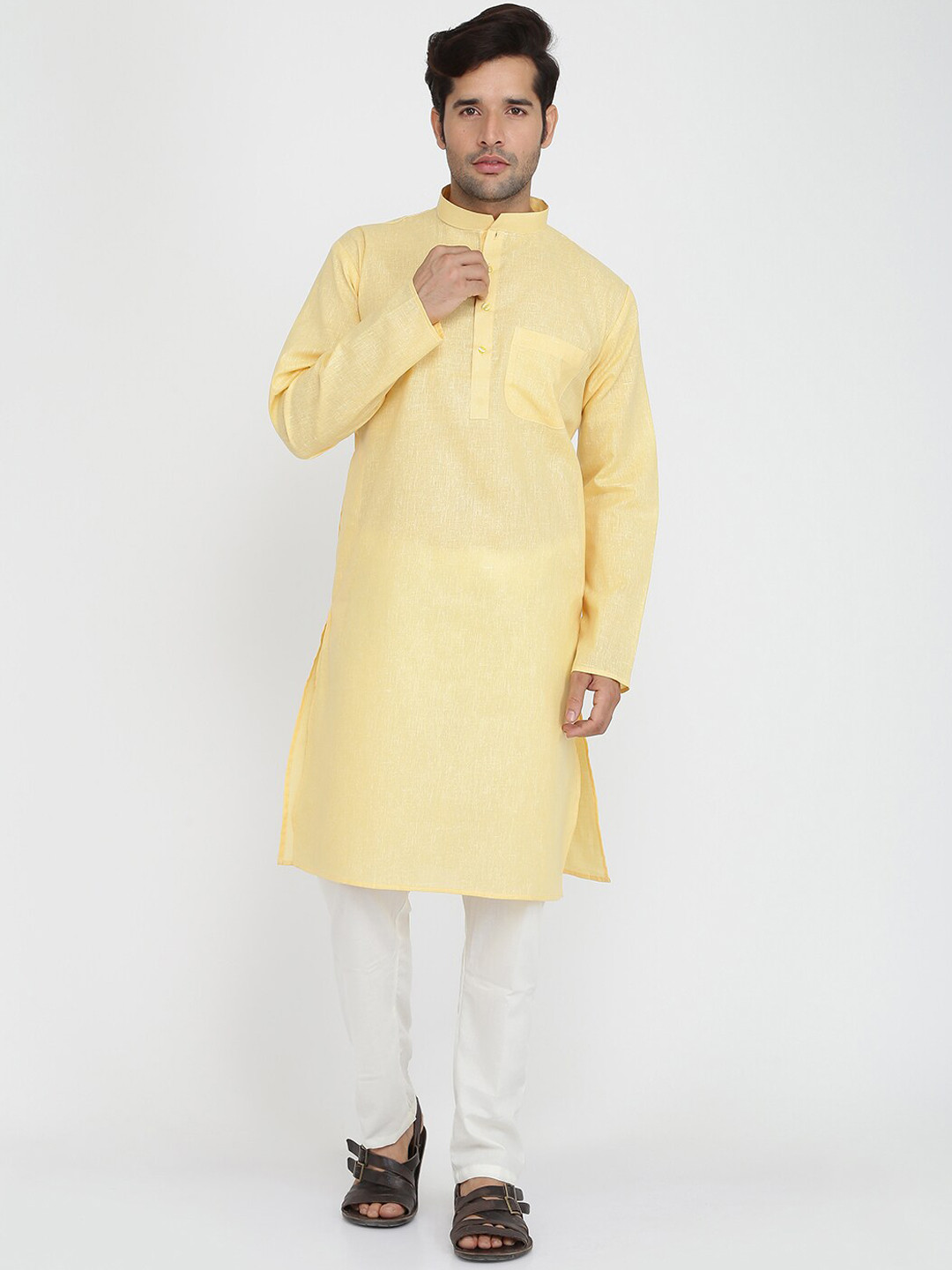 ROYAL KURTA Men Gold-Toned Empire Pure Cotton Kurti with Pyjamas & With Dupatta