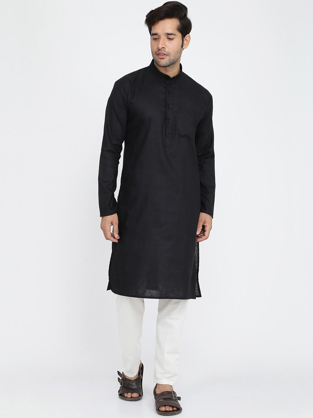 ROYAL KURTA Men Black Tiered Pure Cotton Kurta with Churidar