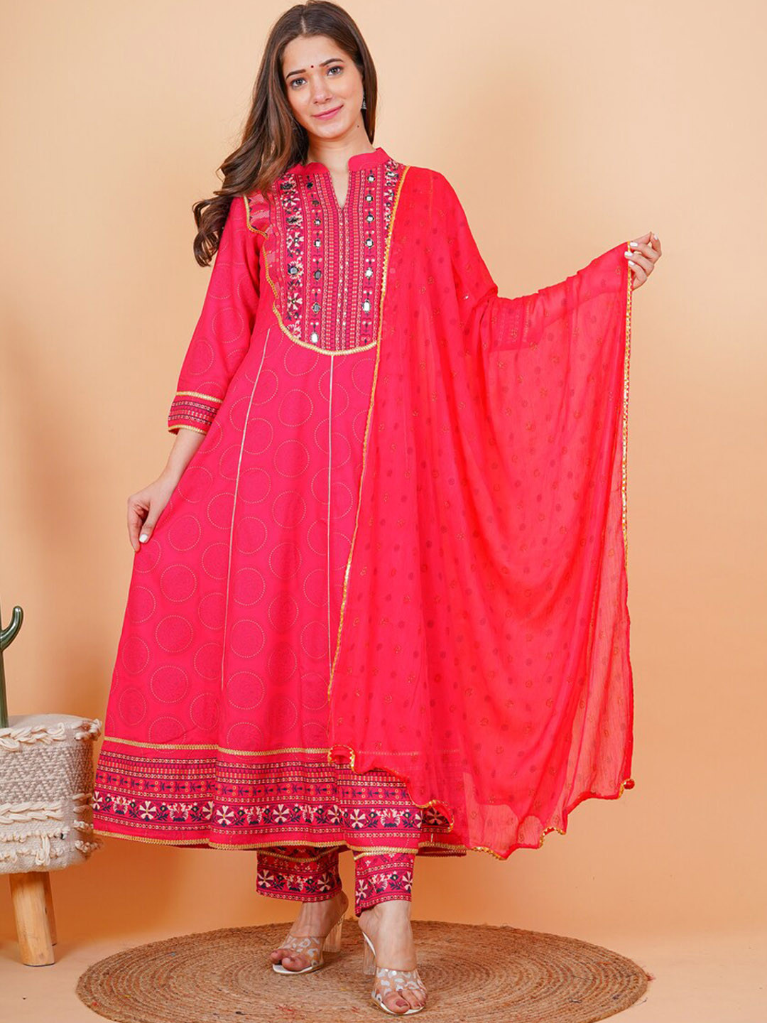 TOULIN Women Rose Floral Yoke Design Panelled Kurta with Trousers & With Dupatta