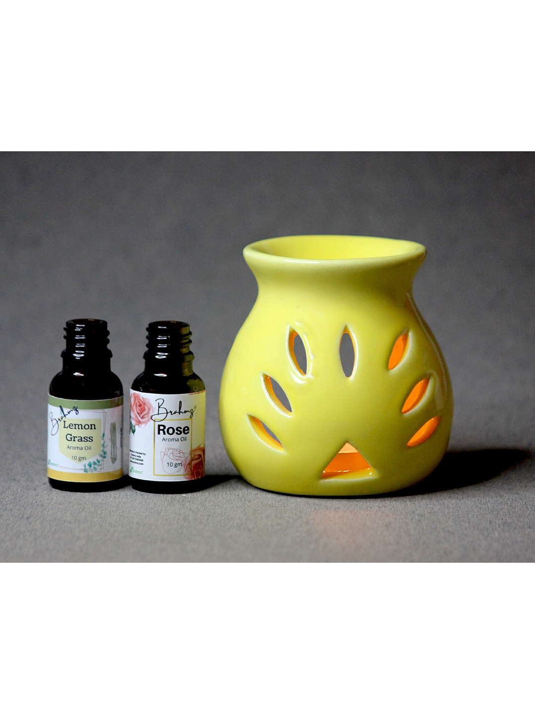 Brahmz Yellow Ceramic Aroma Oil Diffuser Burner with 2 Aroma Oils