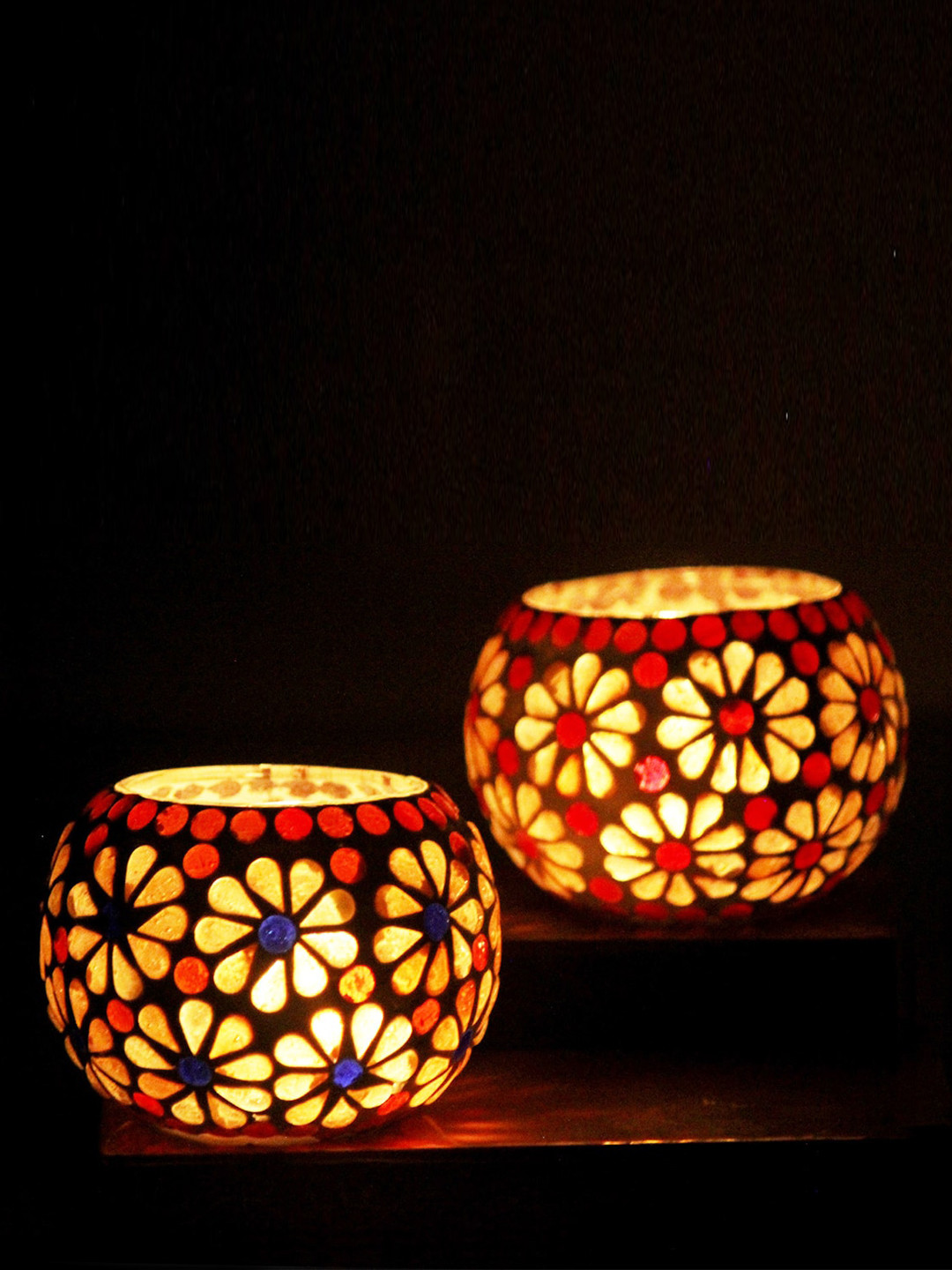 Brahmz Set Of 2 Yellow & Blue Glass Mosaic Votive Tealight Candle Holders