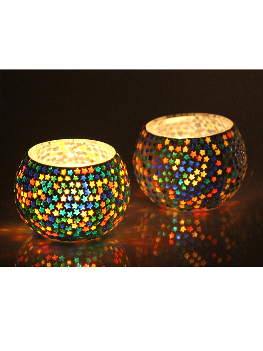 Brahmz Set Of 6 Blue & Green Textured Mosaic Candle Holders