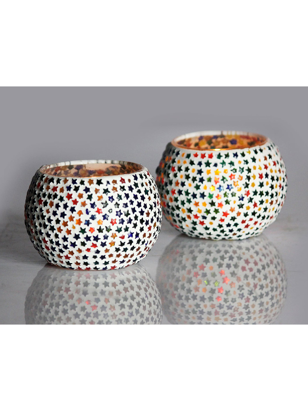Brahmz Set Of 2 Blue & Green Textured  Shimmering Stars Mosaic  Candle Holders