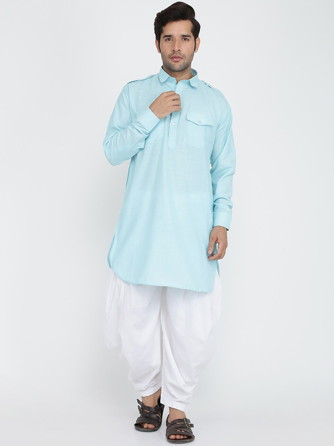 ROYAL KURTA Men Blue and white Pure Cotton Kurta with Salwar