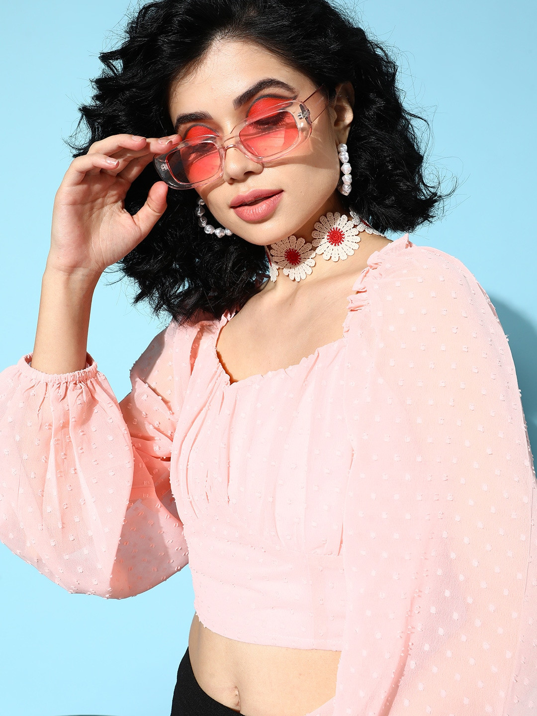 Berrylush Pink Self-Design Once Upon a Sleeve Top